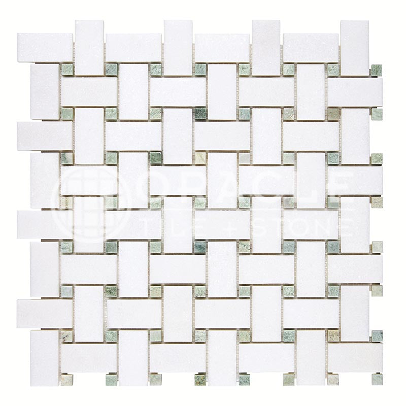 Thassos White Marble - Basketweave Mosaic Tile w/ Ming Green Marble Dots