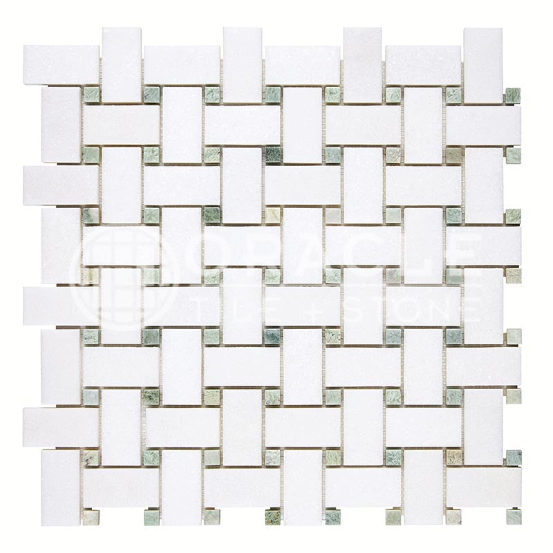 Thassos White (Greek)	Marble	-	Basketweave Mosaic (w/ Ming Green)