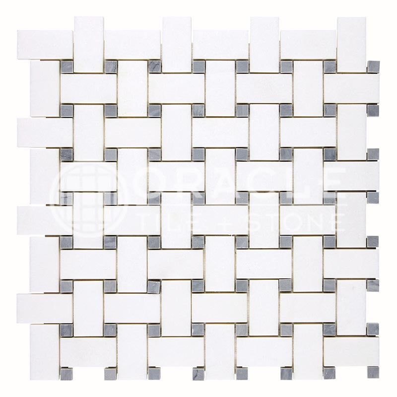 Thassos White Marble - Basketweave Mosaic Tile w/ Bardiglio Blue-Gray Marble Dots