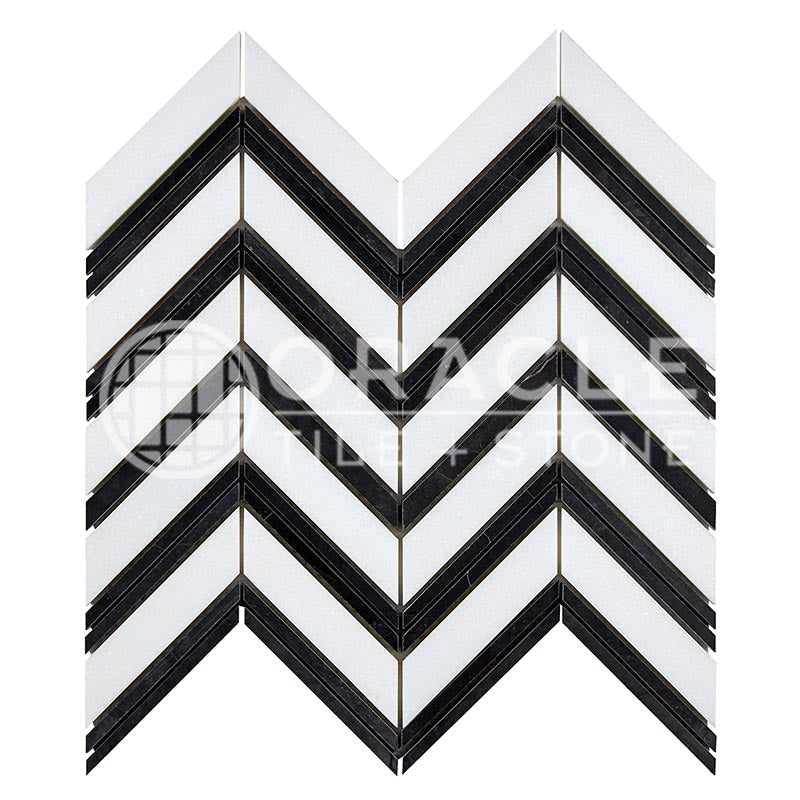 Thassos White Marble - Large-Chevron Mosaic Tile w/ Black Marble Strips