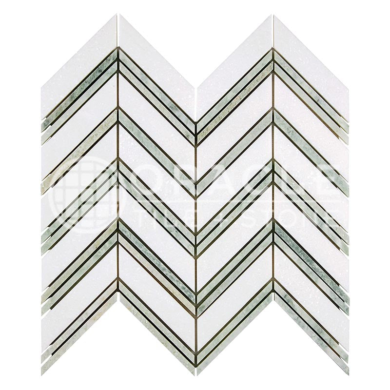 Thassos White Marble - Large-Chevron Mosaic Tile w/ Ming Green Marble Strips