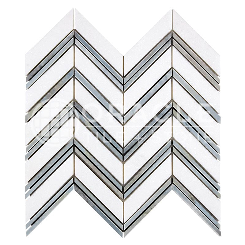 Thassos White Marble - Large-Chevron Mosaic Tile w/ Bardiglio Blue-Gray Marble Strips