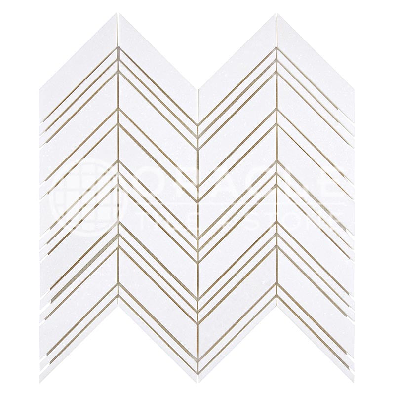 Thassos White Marble - Large-Chevron Mosaic Tile w/ Thassos White Marble Strips