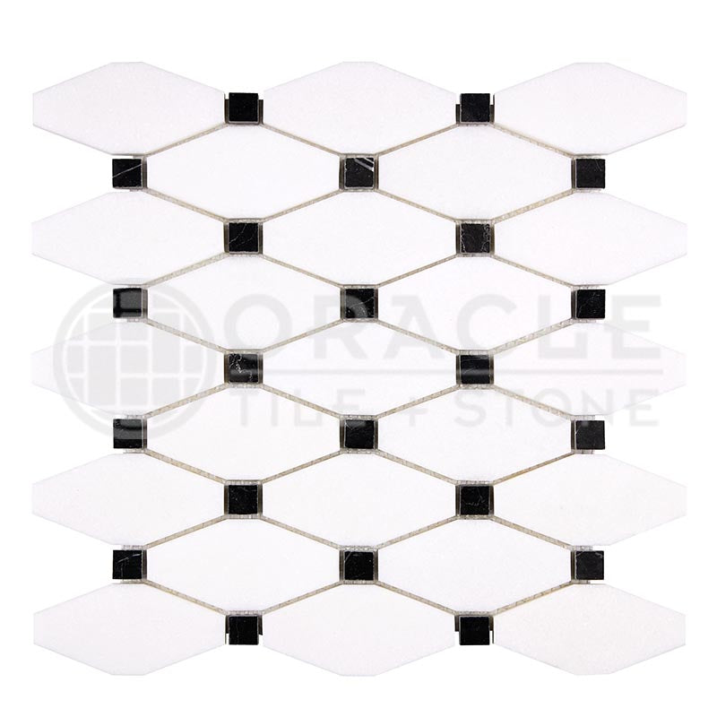 Thassos White Marble - Octave (Long Octagon) Mosaic Tile w/ BLACK Marble Dots
