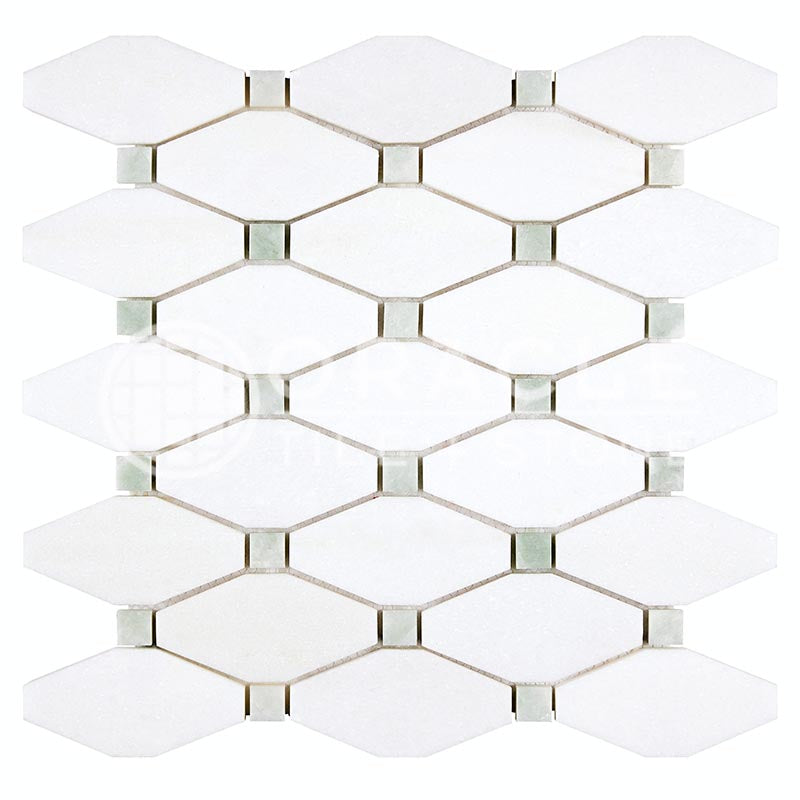 Thassos White Marble - Octave (Long Octagon) Mosaic Tile w/ Ming Green Marble Dots