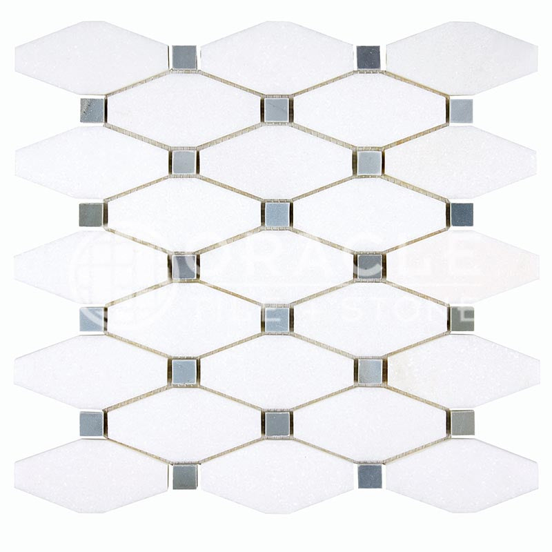 Thassos White Marble - Octave (Long Octagon) Mosaic Tile w/ Bardiglio Blue-Gray Marble Dots