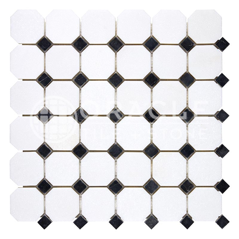 Thassos White Marble - Octagonal Mosaic Tile w/ Black Marble Dots