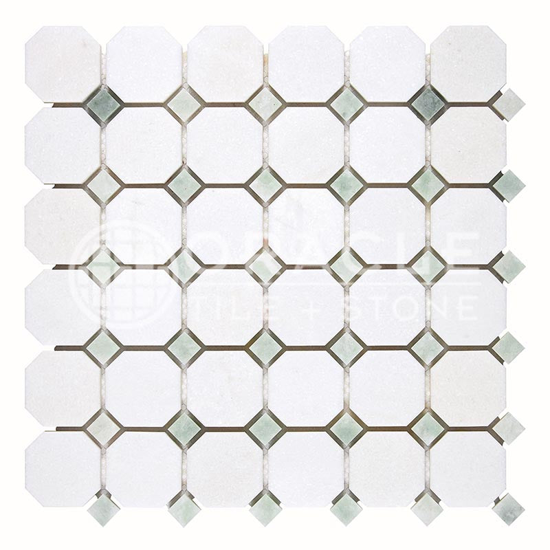 Thassos White Marble - Octagonal Mosaic Tile w/ Ming Green Marble Dots