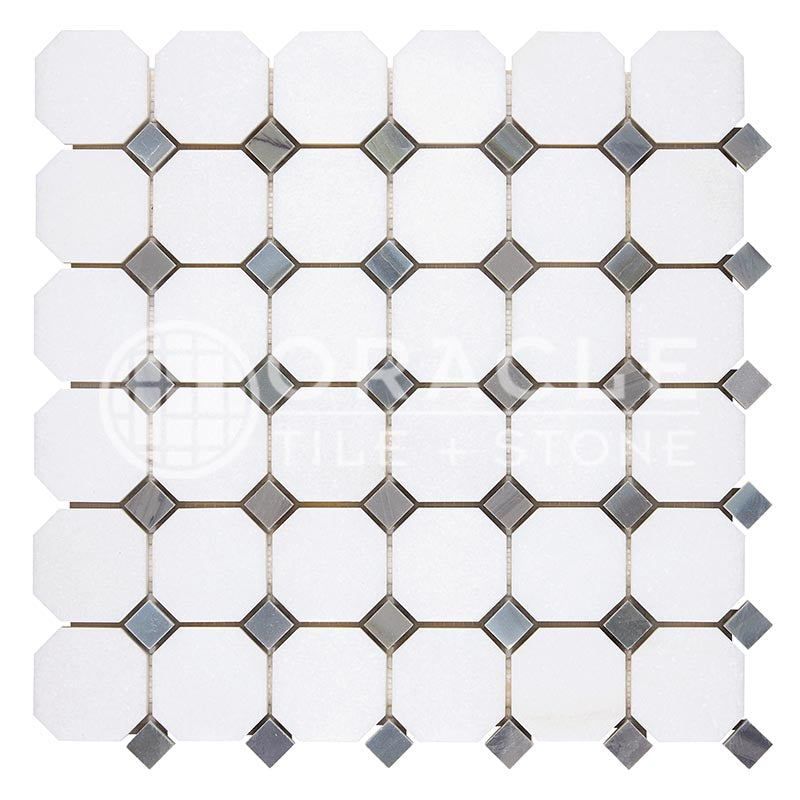 Thassos White Marble - Octagonal Mosaic Tile w/ Bardiglio Blue-Gray Marble Dots