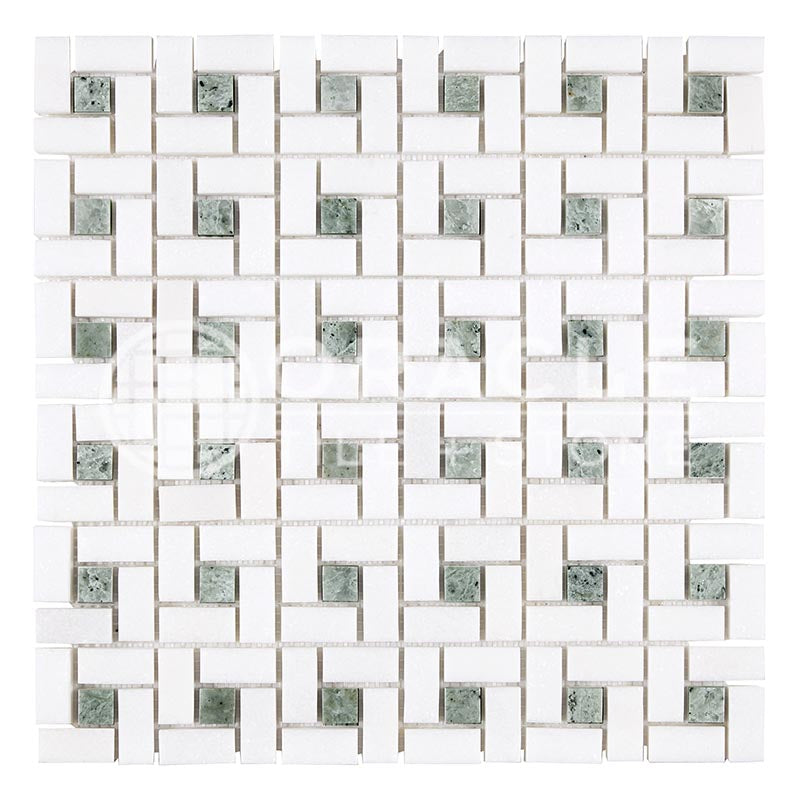 Thassos White Marble - Pinwheel Mosaic Tile w/ Ming Green Marble Dots
