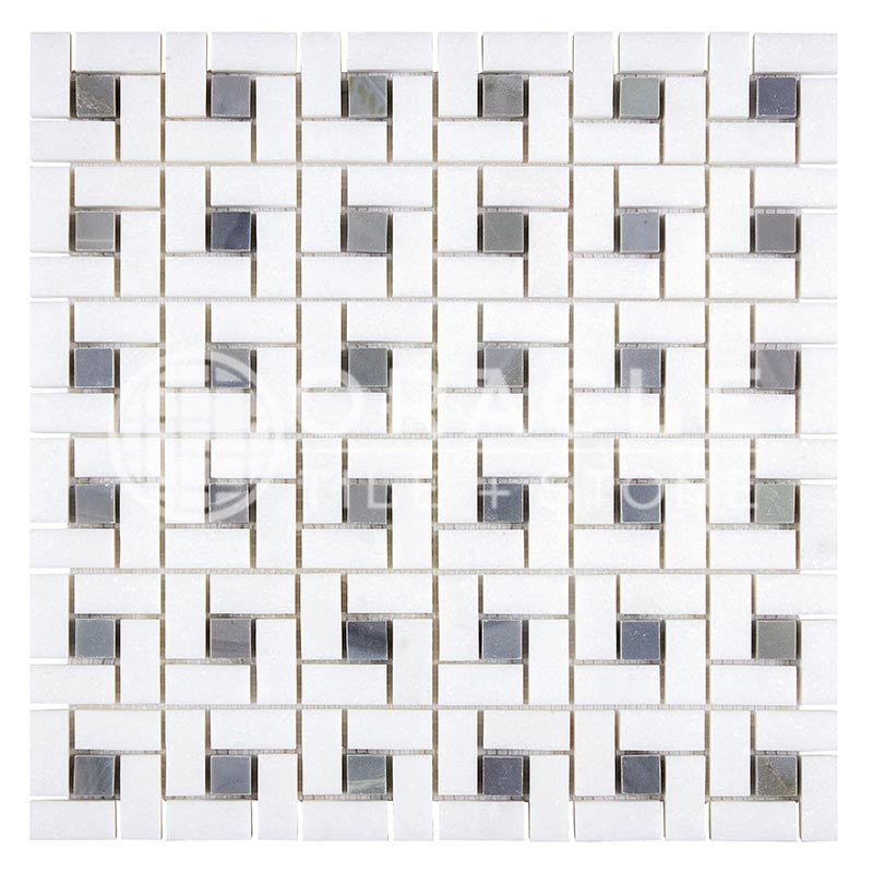 Thassos White Marble - Pinwheel Mosaic Tile w/ Bardiglio Blue-Gray Marble Dots