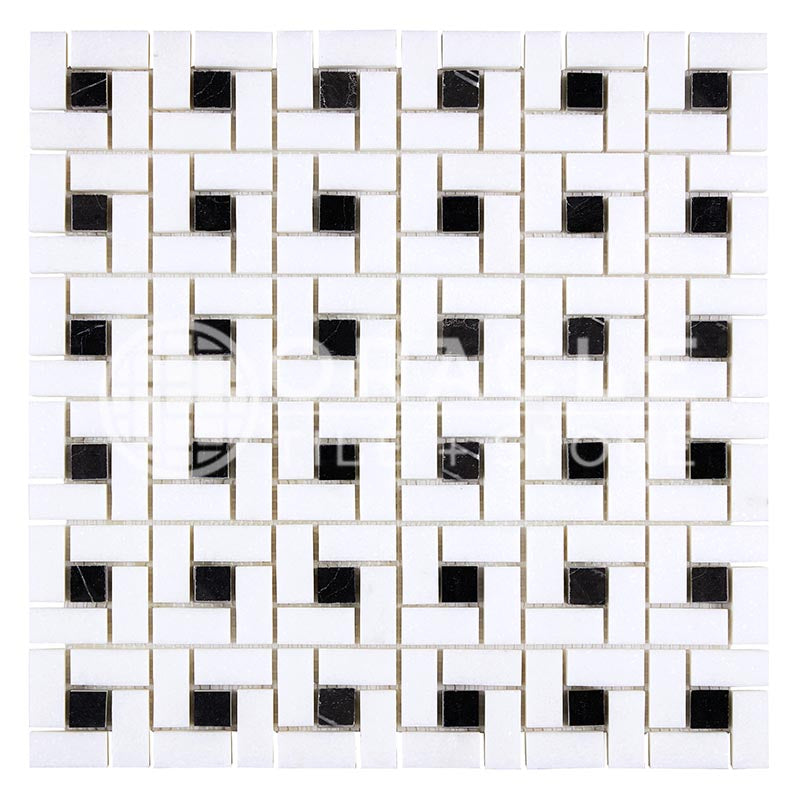 Thassos White Marble - Pinwheel Mosaic Tile w/ BLACK Marble Dots