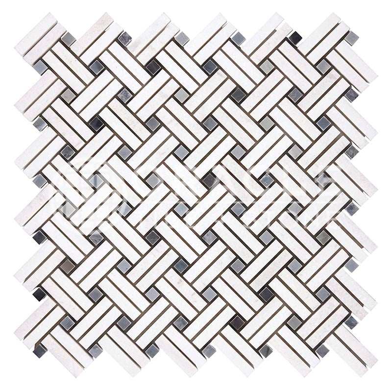 Thassos White Marble - Stanza Mosaic Tile w/ Bardiglio Blue-Gray Marble Dots
