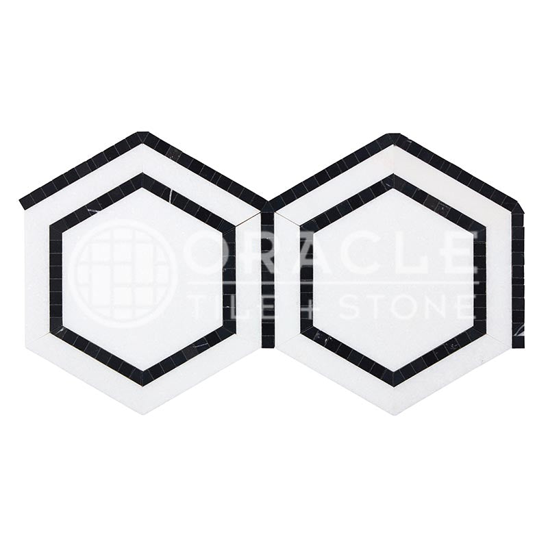 Thassos White Marble - 5" Hexagonal Combination Mosaic Tile w/ Black Marble Inserts
