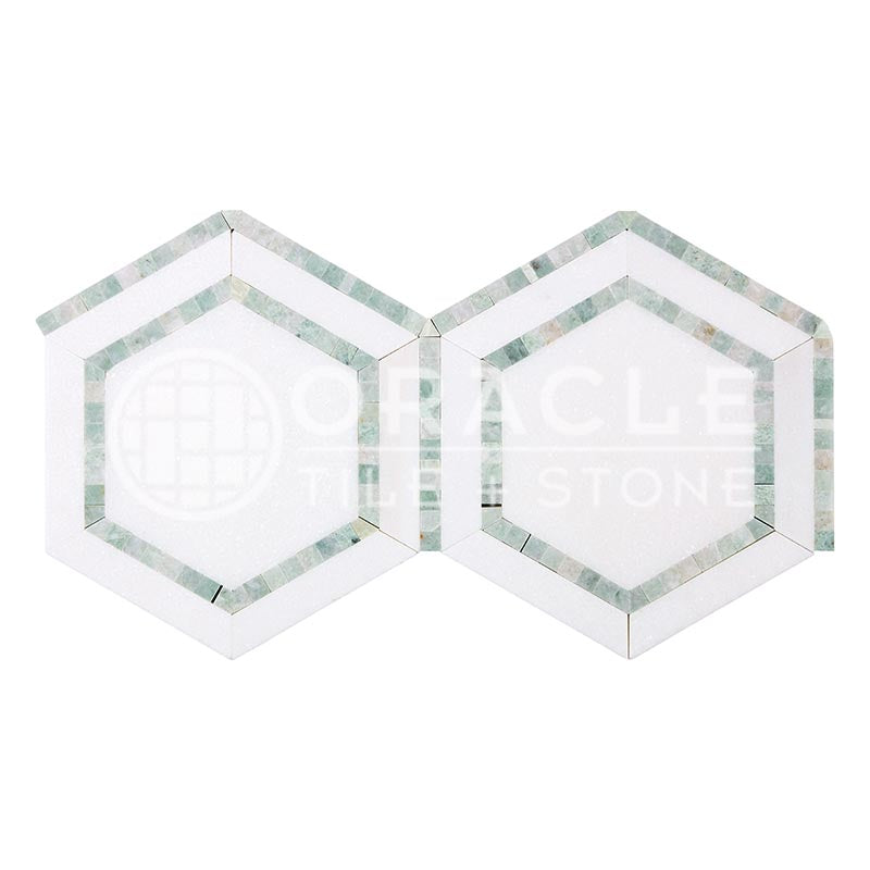 Thassos White Marble - 5" Hexagonal Combination Mosaic Tile w/ Ming Green Marble Inserts