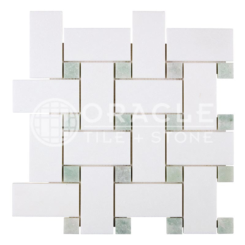 Thassos White - Basketweave (LARGE) Mosaic Tile w/ Ming Green Marble Dots