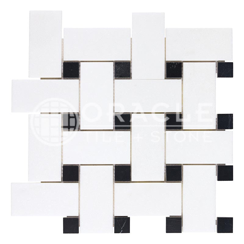 Thassos White - Basketweave (LARGE) Mosaic Tile w/ Black Marble Dots