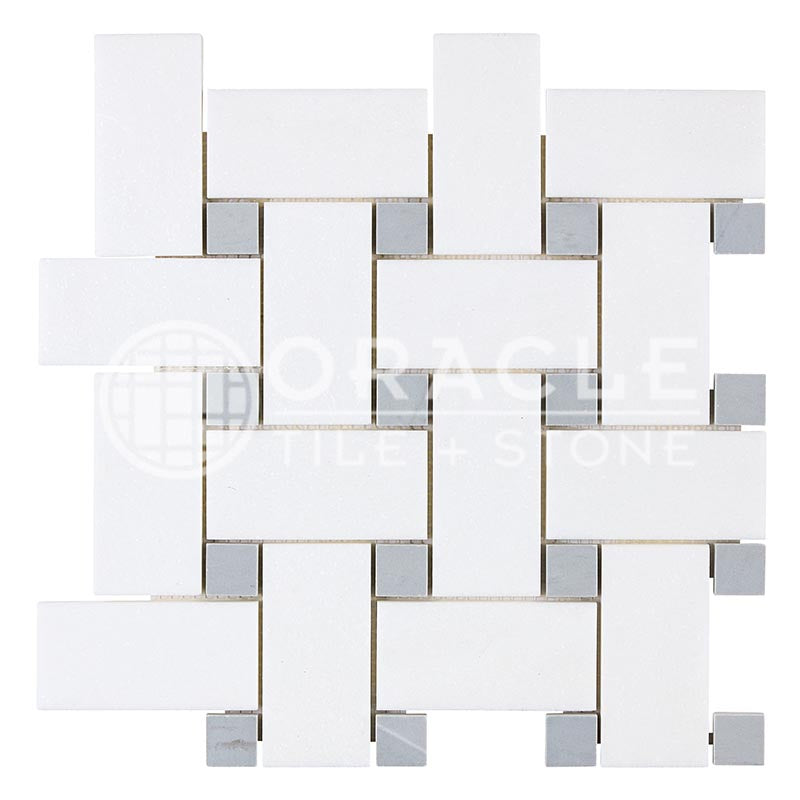 Thassos White - Basketweave (LARGE) Mosaic Tile w/ Bardiglio Blue-Gray Marble Dots