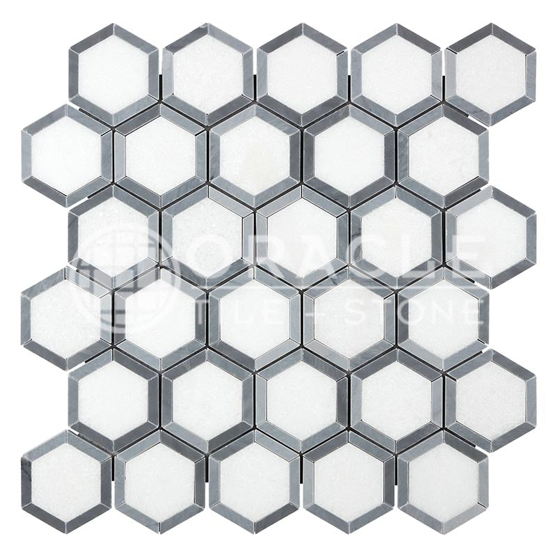 Thassos White Marble - Vortex Hexagonal Mosaic Tile w/ Bardiglio Blue-Gray Marble Strips