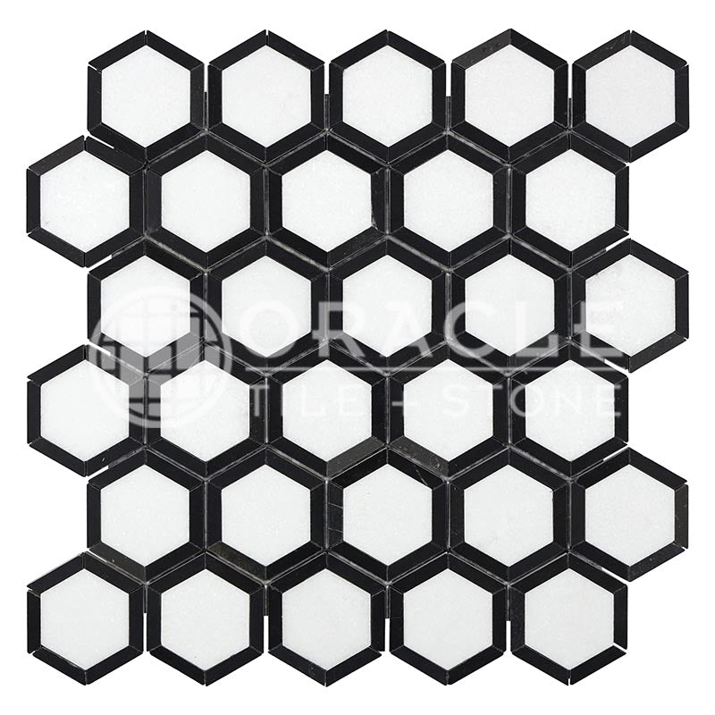 Thassos White Marble - Vortex Hexagonal Mosaic Tile w/ Black Marble Strips
