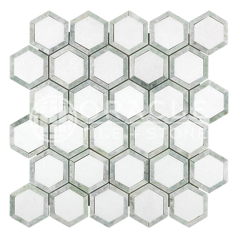 Thassos White Marble - Vortex Hexagonal Mosaic Tile w/ Ming Green Marble Strips
