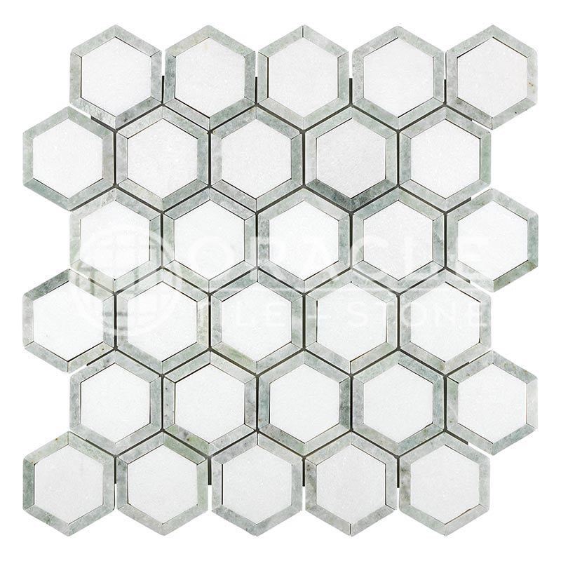 Thassos White (Greek)	Marble	2" X 2"	Vortex Hexagon (w/ Ming Green)