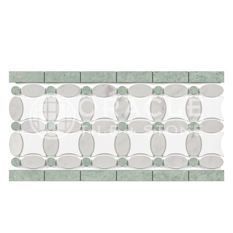 Italian Carrara White & Greek Thassos White Marble - Florida Flower Border / Listello with Ming Green Marble Dots