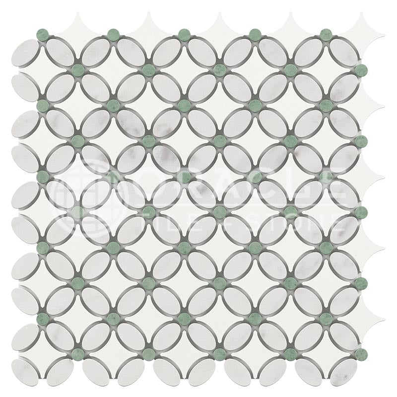 Italian Carrara White & Greek Thassos White Marble - Florida Flower Mosaic Tile w/ Ming Green Marble Dots