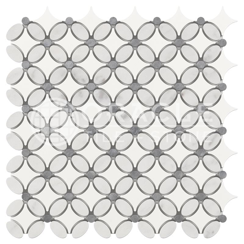 Italian Carrara White & Greek Thassos White Marble - Florida Flower Mosaic Tile w/ Bardiglio Blue-Gray Marble Dots