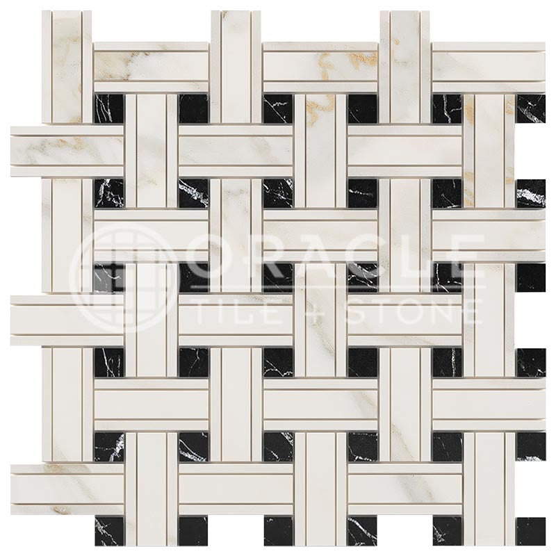 Italian Calacatta Gold Marble - Triple-Weave Mosaic Tile w/ Black Marble Dots