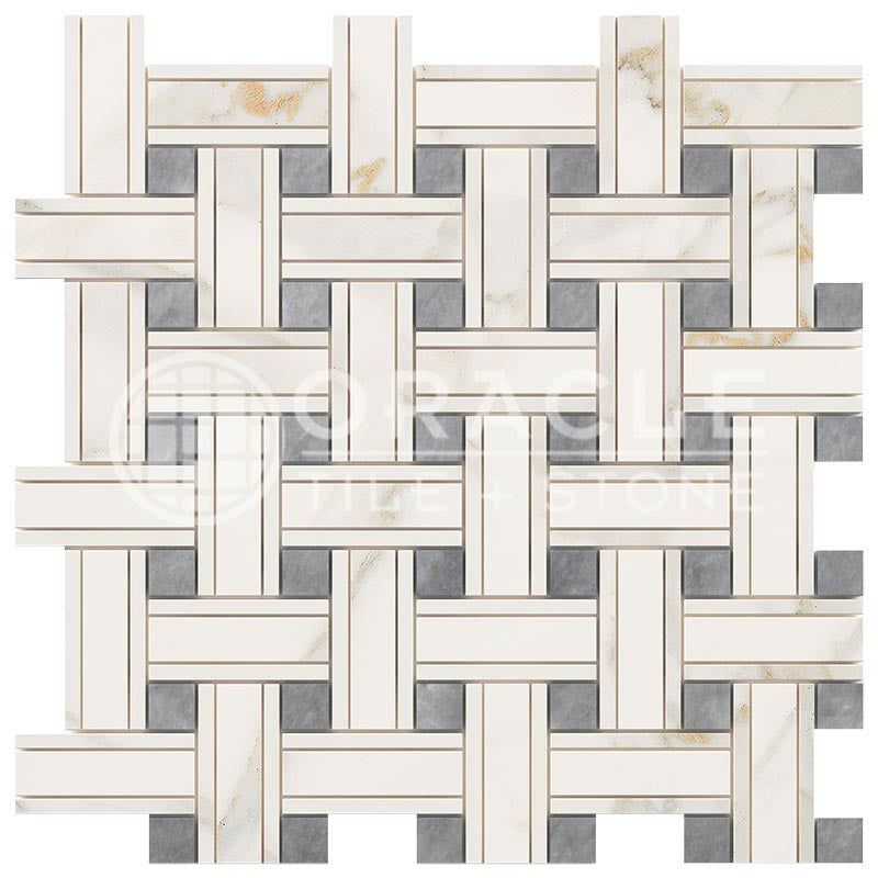 Italian Calacatta Gold Marble - Triple-Weave Mosaic Tile w/ Bardiglio Blue-Gray Marble Dots