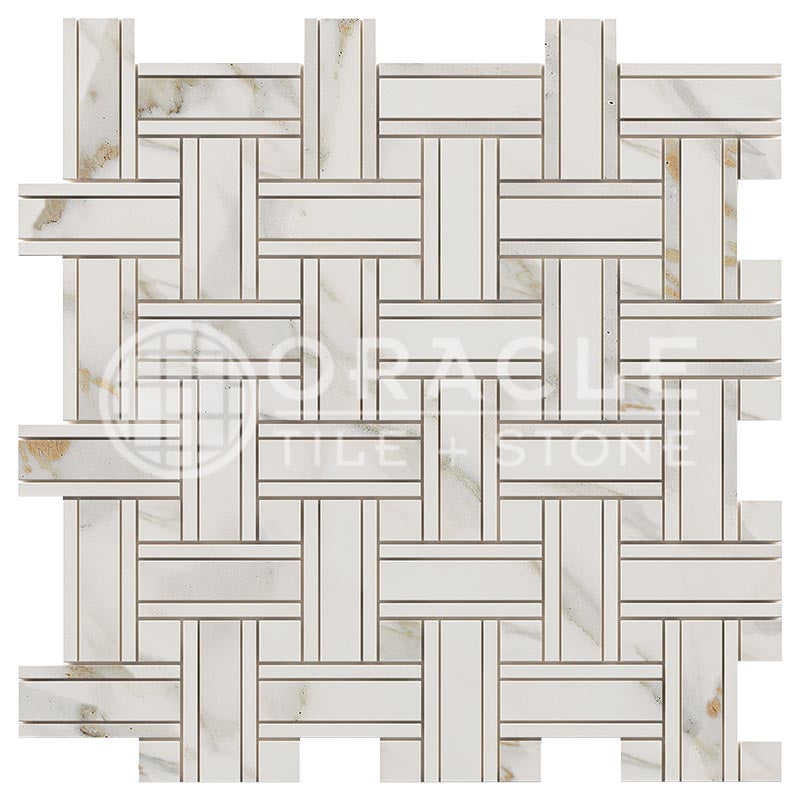 Italian Calacatta Gold Marble - Triple-Weave Mosaic Tile w/ Calacatta Gold Marble Dots