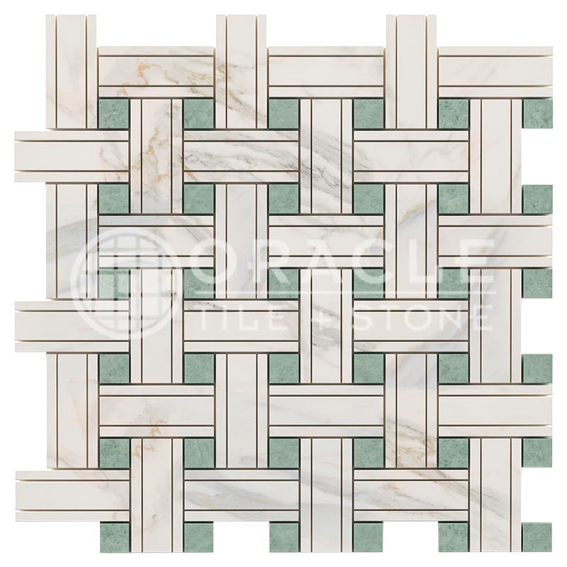 Italian Calacatta Gold Marble - Triple-Weave Mosaic Tile w/ Ming Green Marble Dots