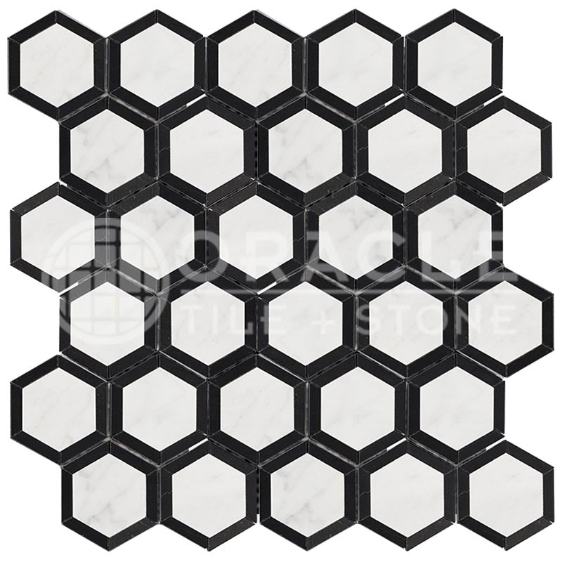 Oriental White (Asian Statuary) Marble - Vortex Hexagonal Mosaic Tile w/ Black Marble Strips