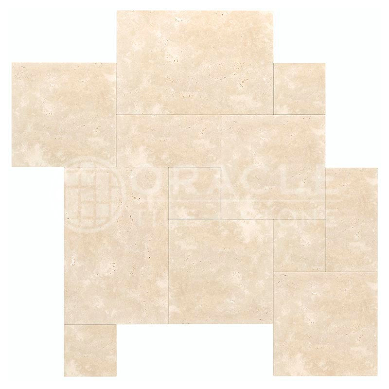 Ivory (Light) Travertine Roman Pattern Tile Unfilled, Brushed & Chiseled