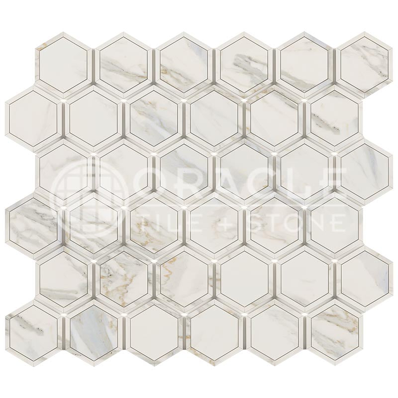 Italian Calacatta Gold Marble - Vortex Hexagonal Mosaic Tile w/ Calacatta Gold Marble Strips