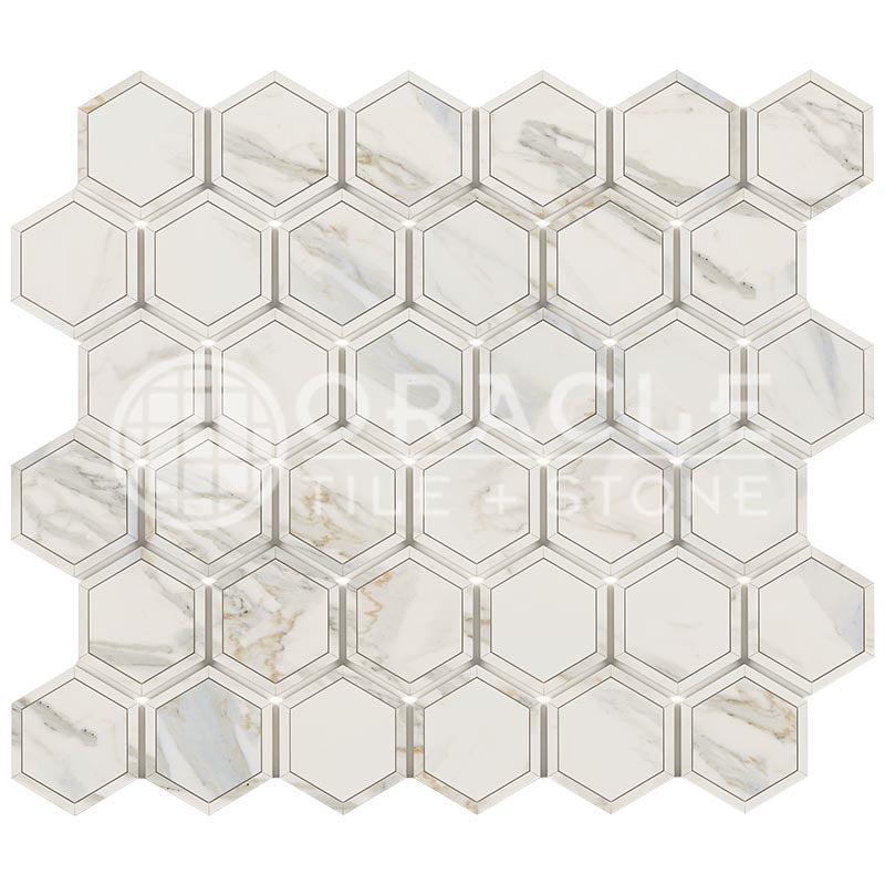 Calacatta Gold (Italian) Marble Vortex Hexagon Mosaic (w/ Calacatta Gold)