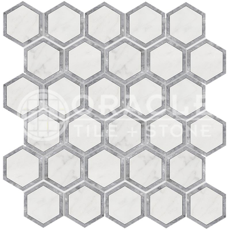 Oriental White (Asian Statuary) Marble - Vortex Hexagonal Mosaic Tile w/ Bardiglio Blue-Gray Marble Strips