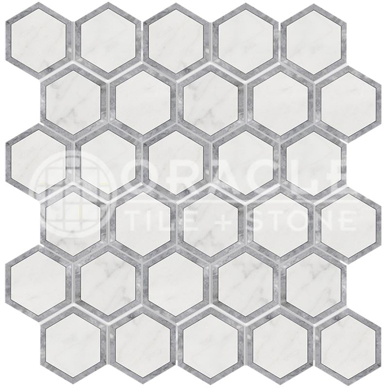 Oriental White (Asian Statuary)	Marble	2" X 2"	Vortex Hexagon (w/ Blue-Gray)