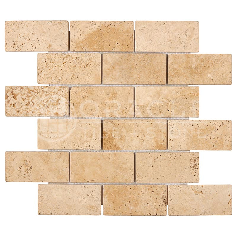 Walnut Travertine - 2" X 4" Brick Mosaic Tile