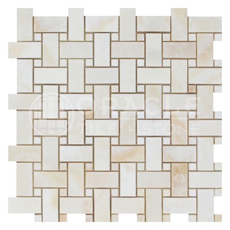 Vanilla Onyx (Bianco Fantastico) - Basketweave Mosaic Tile w/ White Onyx Dots