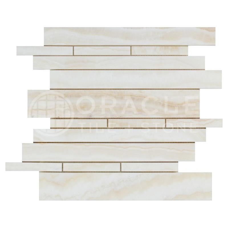 Vanilla Onyx (Bianco Fantastico) - VEIN-CUT - Random-Strip (Manhattan) Mosaic Tile