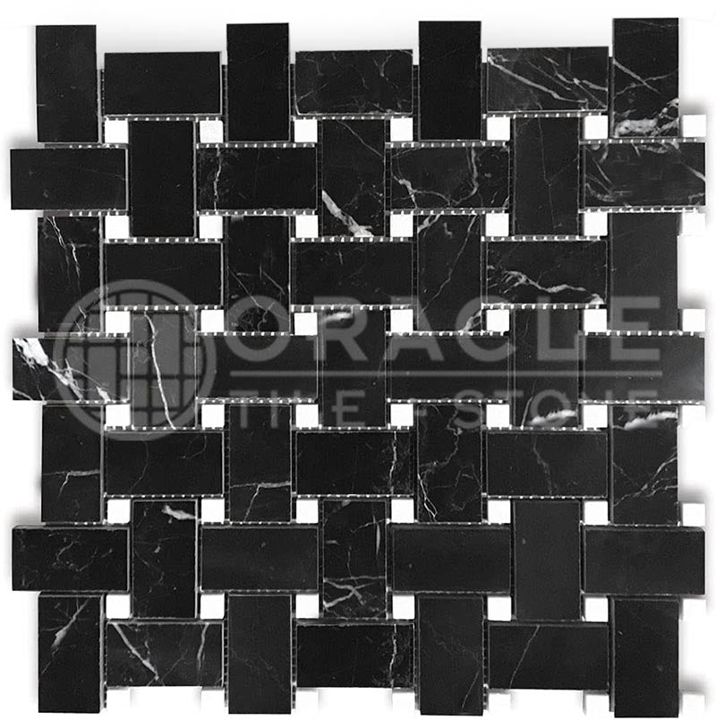 Negro Marquina Marble - Basketweave Mosaic Tile w/ White Marble Dots
