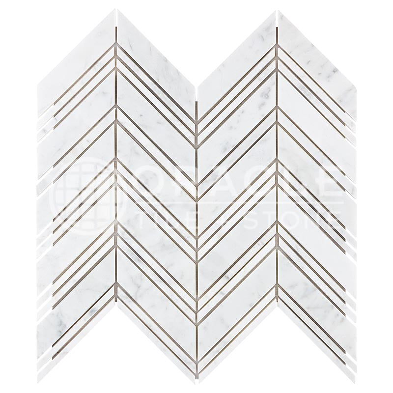 Italian Carrara White Marble - Large-Chevron Mosaic Tile w/ Carrara White Marble Strips