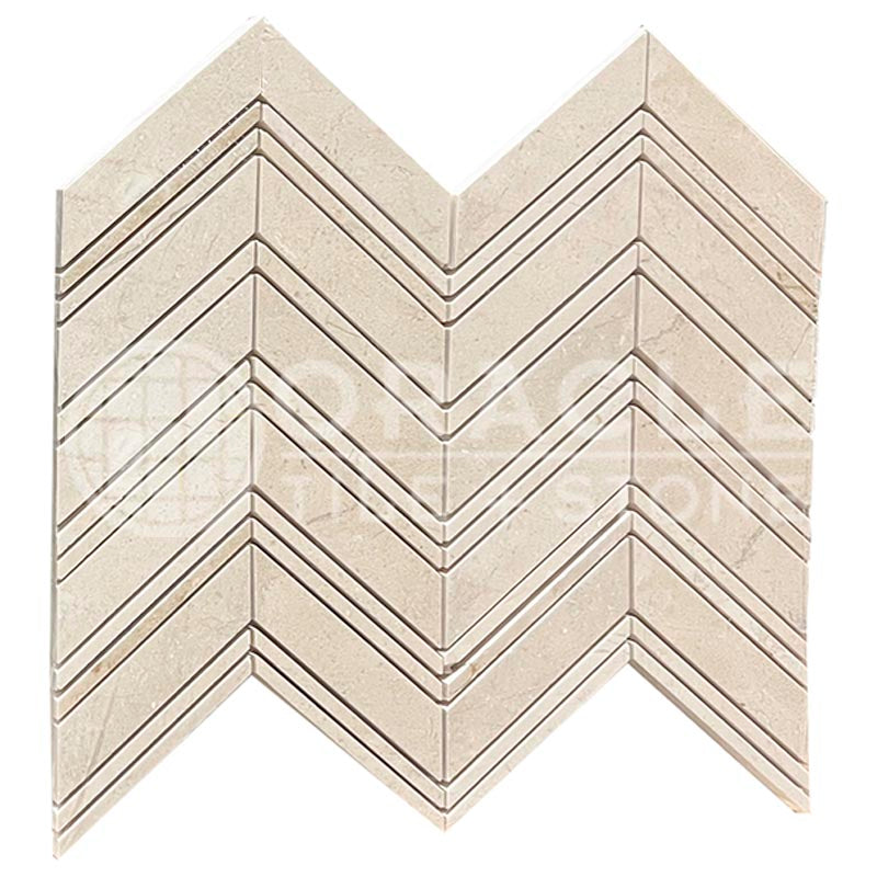 Crema Marfil Marble - Large-Chevron Mosaic Tile w/ Crema Marfil Marble Strips