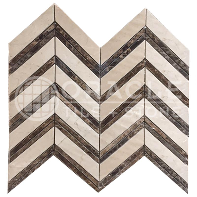 Crema Marfil Marble - Large-Chevron Mosaic Tile w/ Emp. Dark Marble Strips