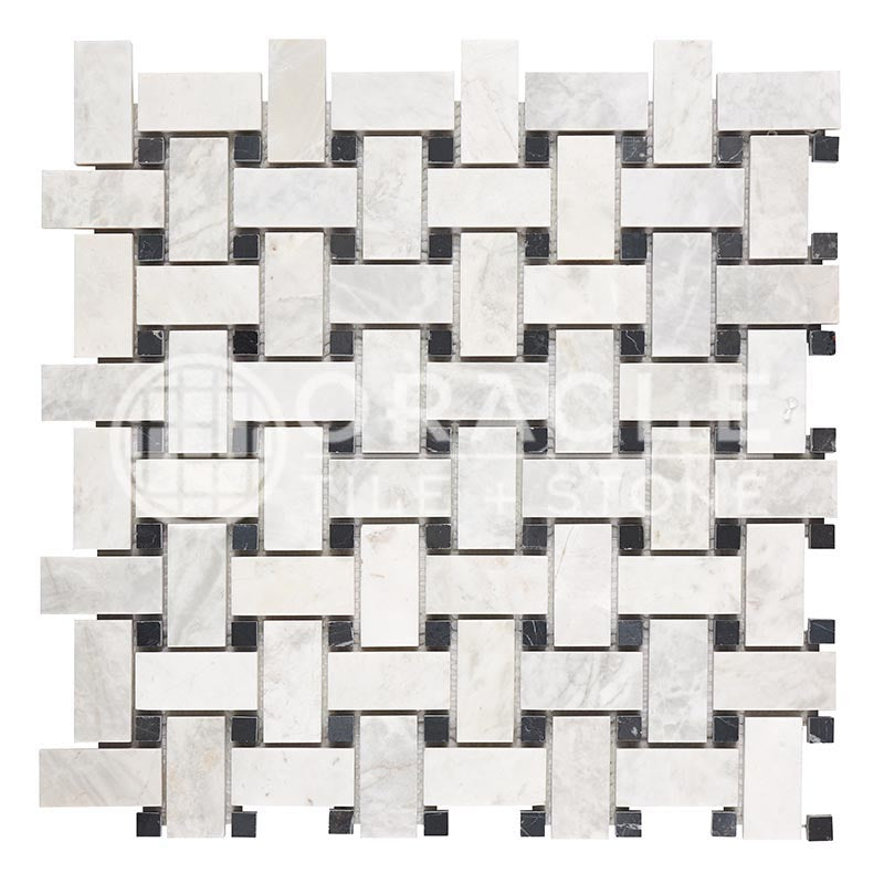 Bianco Congelato Dolomite - Basketweave Mosaic Tile w/ BLACK Marble Dots