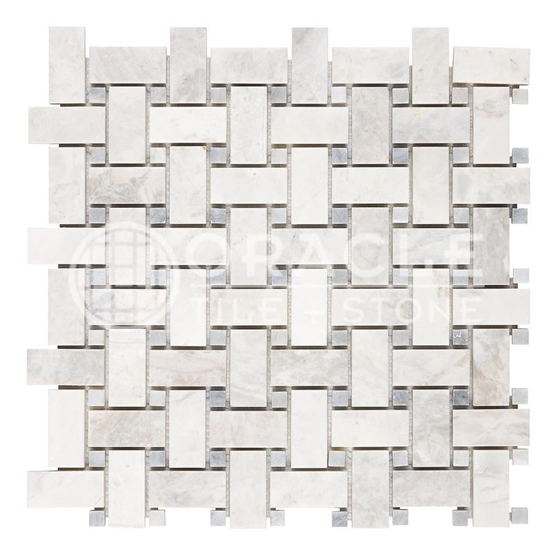 Bianco Congelato Dolomite - Basketweave Mosaic Tile w/ Bardiglio Blue-Gray Marble Dots