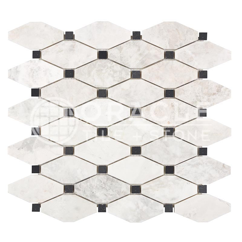 Bianco Congelato Dolomite - Octave (Long Octagon) Mosaic Tile w/ Black Marble Dots