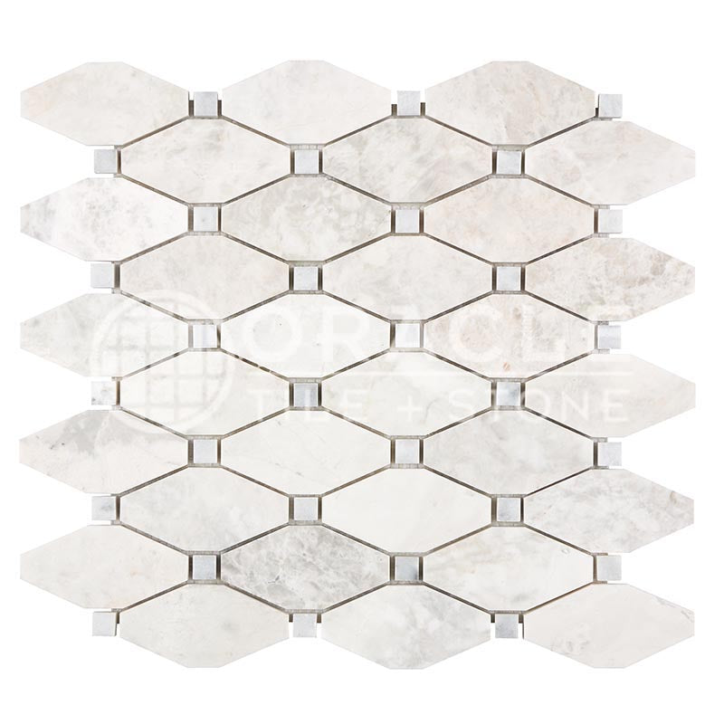 Bianco Congelato Dolomite - Octave (Long Octagon) Mosaic Tile w/ Bardiglio Blue-Gray Marble Dots